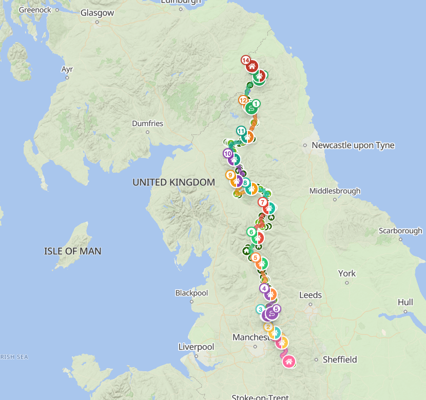 Screenshot of the Pennine Way route headed North